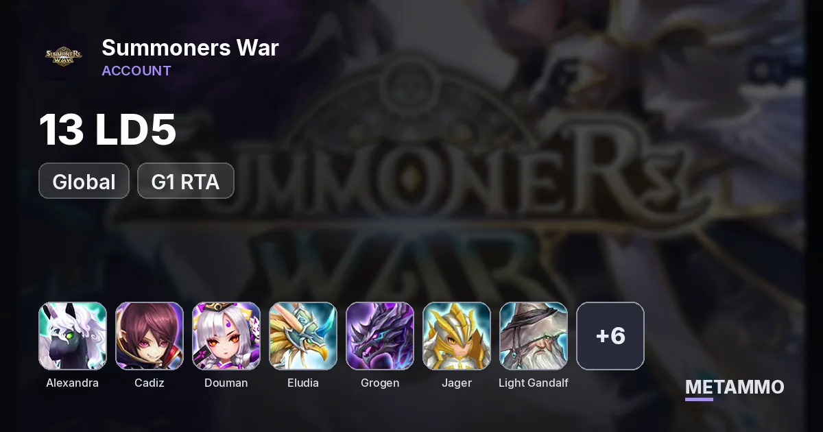 GLOBAL 13 LD5G1 RTA: Alexandra/Cadiz/Douman/Eludia/Grogen/Jager/Light Gandalf/Manannan/Neph/Nicki/Salah/Tian Lang/Trinity - Summoners War account summary