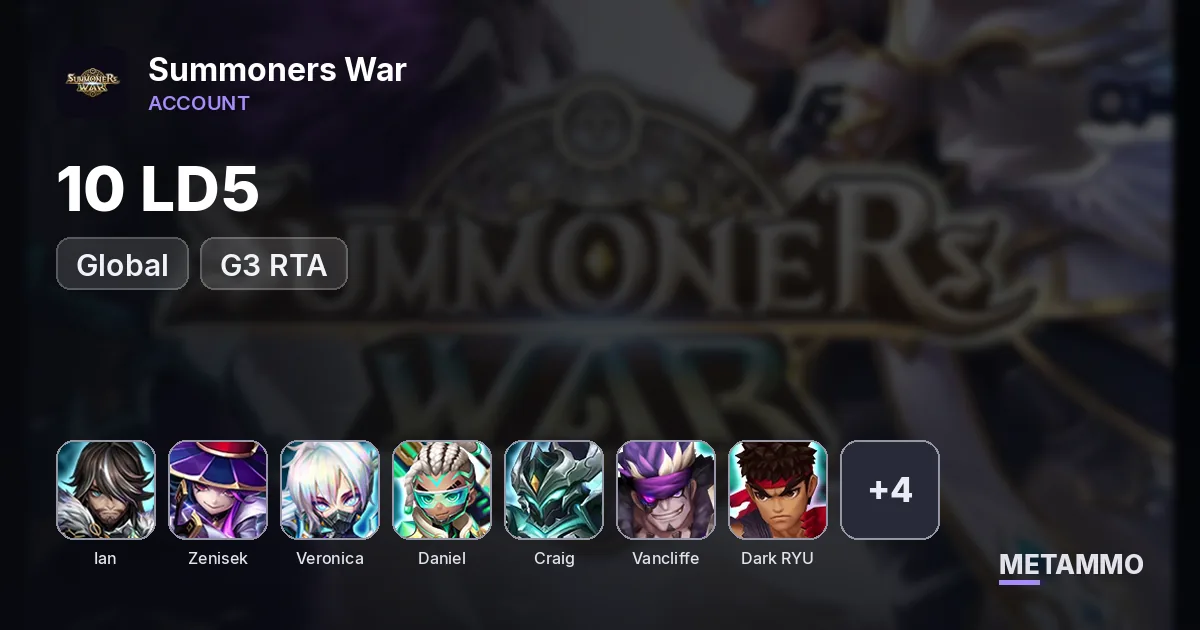 GLOBAL 10 LD5 G3 RTA: Ian/Zenisek/Veronica/Daniel/Craig/Vanclife (Dark Ryu)/Mookwol/Elenoa/Craka/Giana - Summoners War account summary