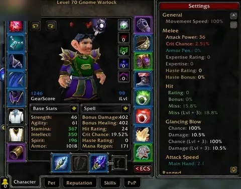 Nightslayer - Gnome Male Warlock 70 ■ GS 1254 ■ Fly 60% ■ - World of Warcraft: Classic account screenshot 1