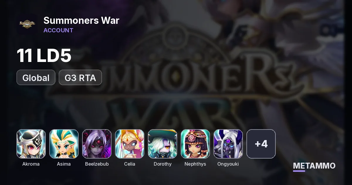 GLOBAL 11 LD5 G3 RTA: Akroma/Asima/Beelzebub/Celia/Dorothy/Neph/Ongyouki/Ragdoll/Shan/Son Zhang Lao/Yeonhong - Summoners War account summary