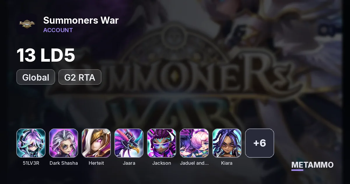 GLOBAL 13 LD5 G2 RTA: 51LV3R/Dark Shasha/Herteit/Jaara/Jackson/Jaduel and Aepiah/Kiara/Kiki/Lars/Lora/Nicki/Thebae/Woonsa - Summoners War account summary