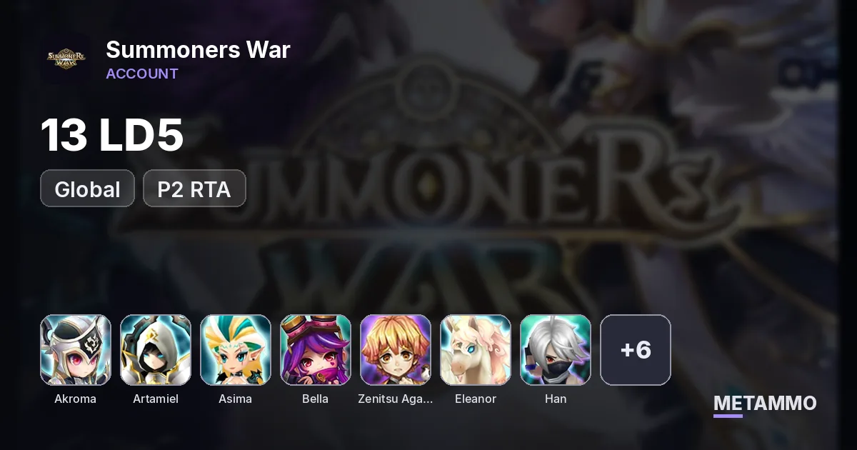 GLOBAL 13 LD5 P2 RTA: Akroma/Artamiel/Asima/Bella/Dark Zenitsu Agatsuma/Eleanor/Han/Kiki/Laima/Leona/Woonsa/Zerath/Devaraja * - Summoners War account summary