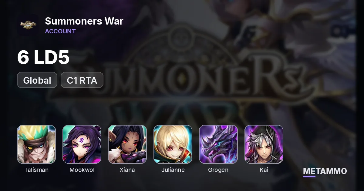 GLOBAL 6 LD5 C1 RTA: Talisman/Mookwol/Xiana/Julianne/Grogen/Dark Kai - Summoners War account summary