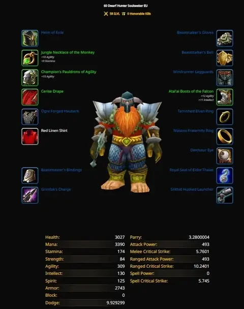 Soulseeker - Dwarf Hunter 60 ■ GS 687 ■ Mount 60% ■ Mining 300 ■ Broken Tooth Pet - World of Warcraft: Classic account screenshot 1