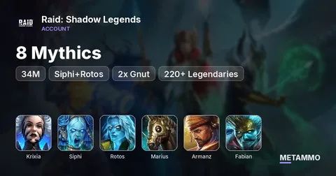 34M | 8 Mythics | Krixia, Siphi+Rotos, 2x Gnut, Shu Zen, Marius, Armanz, Fabian | 220+ Legendaries