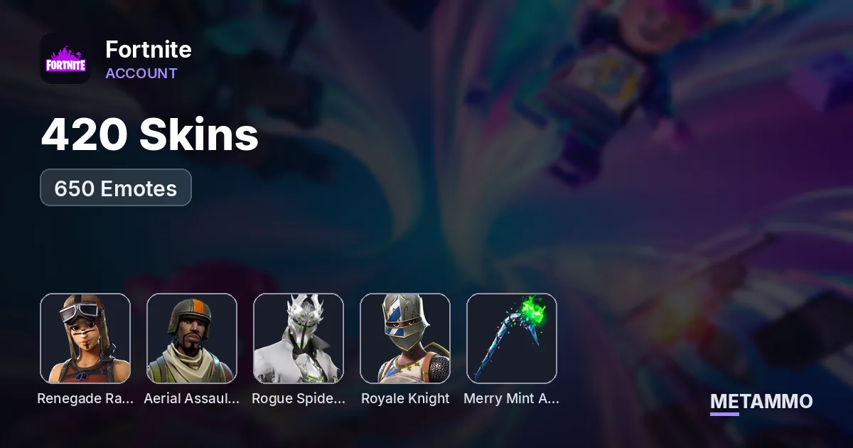 420 Skins | 650 Emotes | OG Renegade Raider | OG Aerial Assault Trooper | Rogue Spider Knight | Royale Knight | Mint Axe - Fortnite account summary