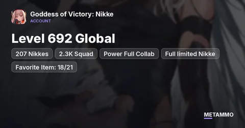 Level 692 Global | 207 Nikkes| 2.3K Squad | Power Full Collab | Full limited Nikke | Favorite Item: 18/21