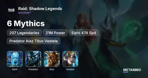 6 Mythics | 207 Legendaries | 21M Power | Siphi 474 Spd | Predator Alaz Titus Vestele