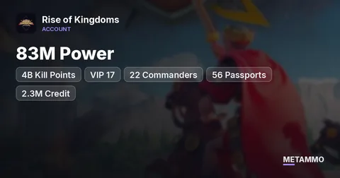 83M Power | 4B Kill Points | VIP 17 | 22 Commanders | 56 Passports | 2.3M Credit | Heads