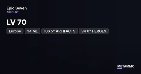EU | LV 70 | 34 ML | LILIAS, CHARLOTTE, ARUNKA, LUNA | 106 5* ARTIFACTS | 94 6* HEROES