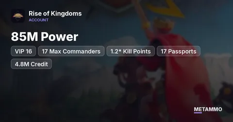 85M Power | VIP 16 | 17 Max Commanders | 1.2* Kill Points | 17 Passports | 4.8M Credit
