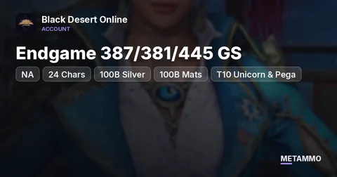NA Endgame 387/381/445 GS | 24 Chars | 100B Silver + 100B Mats | T10 Unicorn & Pega | Pen Lifeskill Gear