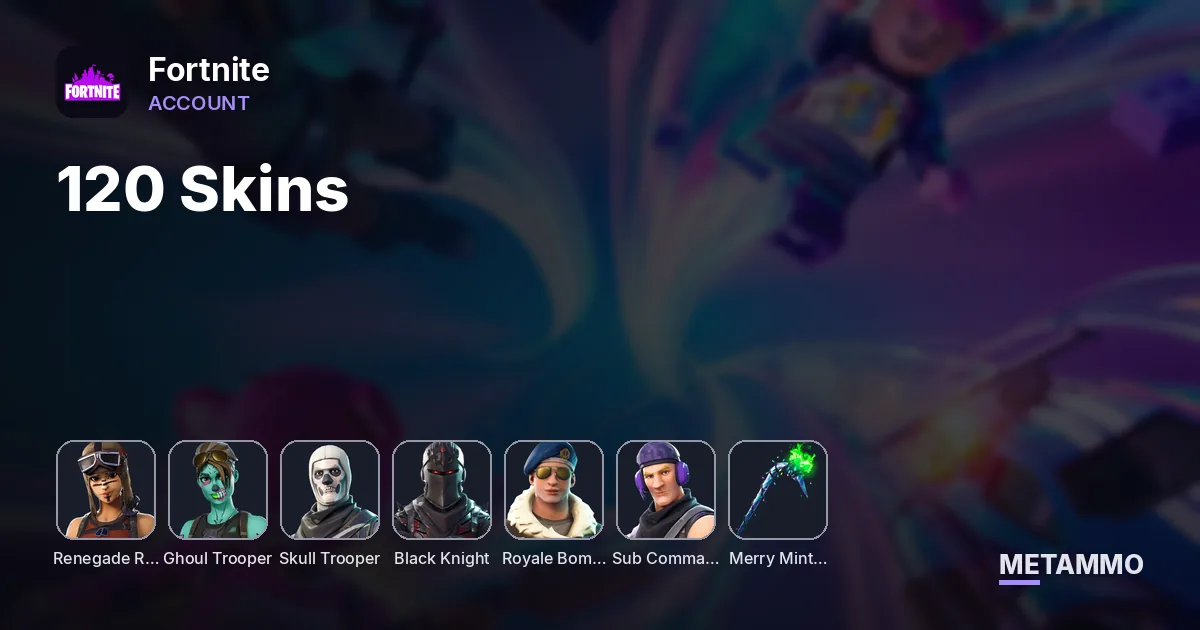 120 Skins + OG Renegade + OG Ghoul + OG Skull + Black Knight + Royal Bomber + Twitch prime + Minty axe - Fortnite account summary