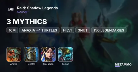 16M | 3 MYTHICS | ANAXIA +4 TURTLES | HEKATON, SHU ZHEN, HILVI, FABIAN, GNUT | 150 LEGENDARIES
