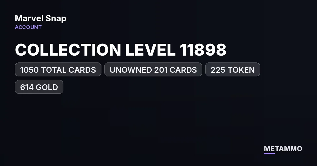 COLLECTION LEVEL 11898 | 1050 TOTAL CARDS | UNOWNED 201 CARDS | 225 TOKEN | 614 GOLD - Marvel Snap account summary