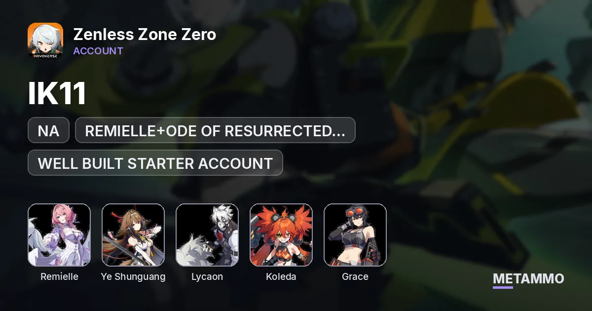 NA, IK11, REMIELLE+ODE OF RESURRECTED WINGS, YE SHUNGUANG, LYCAON, KOLEDA, GRACE, WELL BUILT STARTER ACCOUNT - Zenless Zone Zero account summary