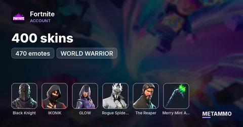 400 skins + 470 emotes + BLACK KNIGHT + IKONIK + GLOW + ROGUE SPIDER KHIGHY + THE REAPER + WORLD WARRIOR + MERRY MINT AXE