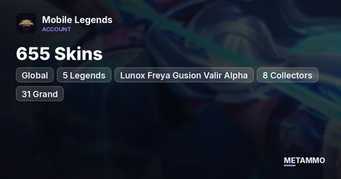 Global 655 Skins | 5 Legends (Lunox Freya Gusion Valir Alpha) | 8 Collectors | 31 Grand | World Collector