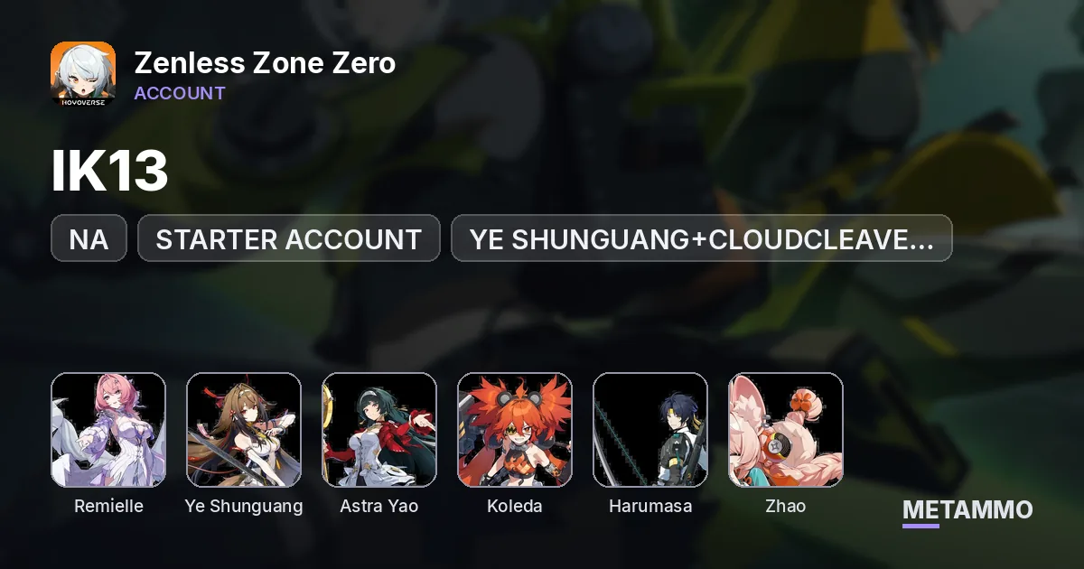 NA | IK13 | STARTER ACCOUNT | REMIELLE | YE SHUNGUANG+CLOUDCLEAVE RADIANCE | ASTRA YAO | KOLEDA | HARUMASA | ZHAO - Zenless Zone Zero account summary