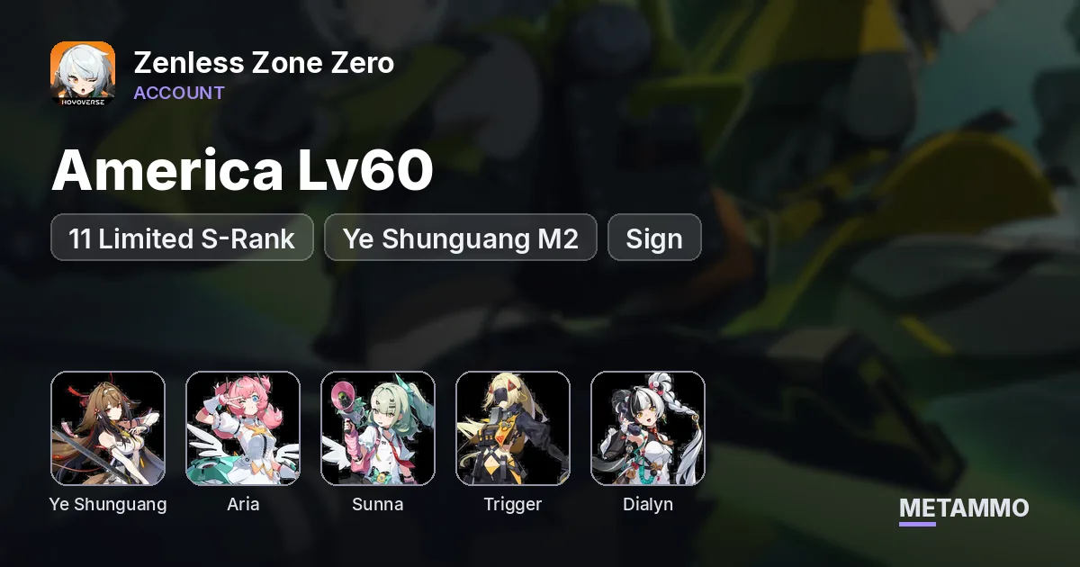 America Lv60 | 11 Limited S-Rank | Ye Shunguang M2 + Sign | Aria/Sunna/Trigger/Dialyn + Signs | 7 Standard S-Rank - Zenless Zone Zero account summary