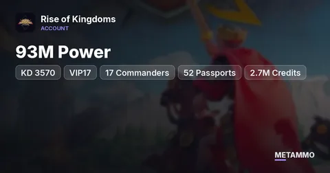 KD 3570 | 93M Power | VIP17 | 17 Commanders | 52 Passports | 2.7M Credits | 5 Farms | 2 House Skins
