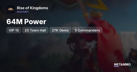 64M Power | VIP 15 | 25 Town Hall | 27K Gems | 5 Commanders