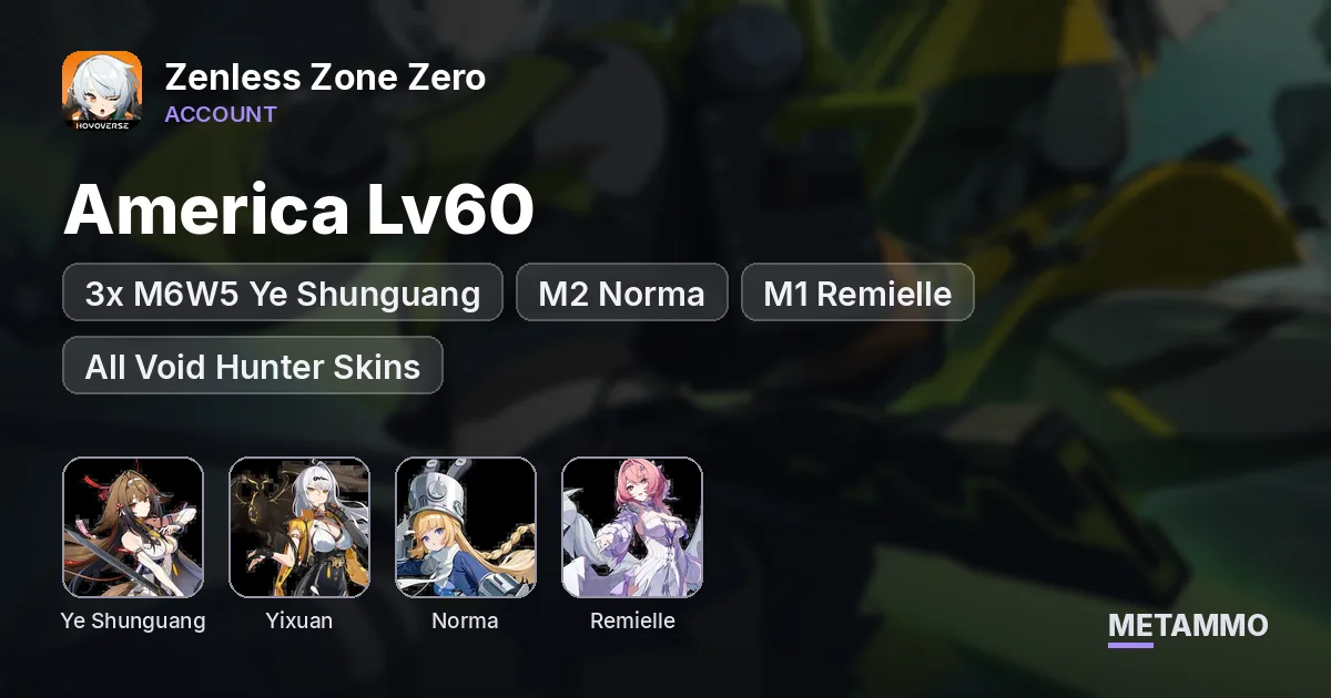 America Lv60 | 3x M6W5 Ye Shunguang, Yixuan, Billy | M2 Norma | M1 Remielle | All Void Hunter Skins - Zenless Zone Zero account summary