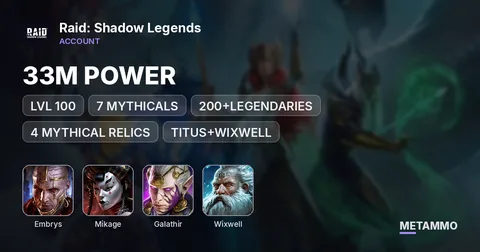 33M POWER | LVL 100 | 7 MYTHICALS | 200+LEGENDARIES | 4 MYTHICAL RELICS | EMBRYS | MIKAGE | GALATHIR | TITUS+WIXWELL