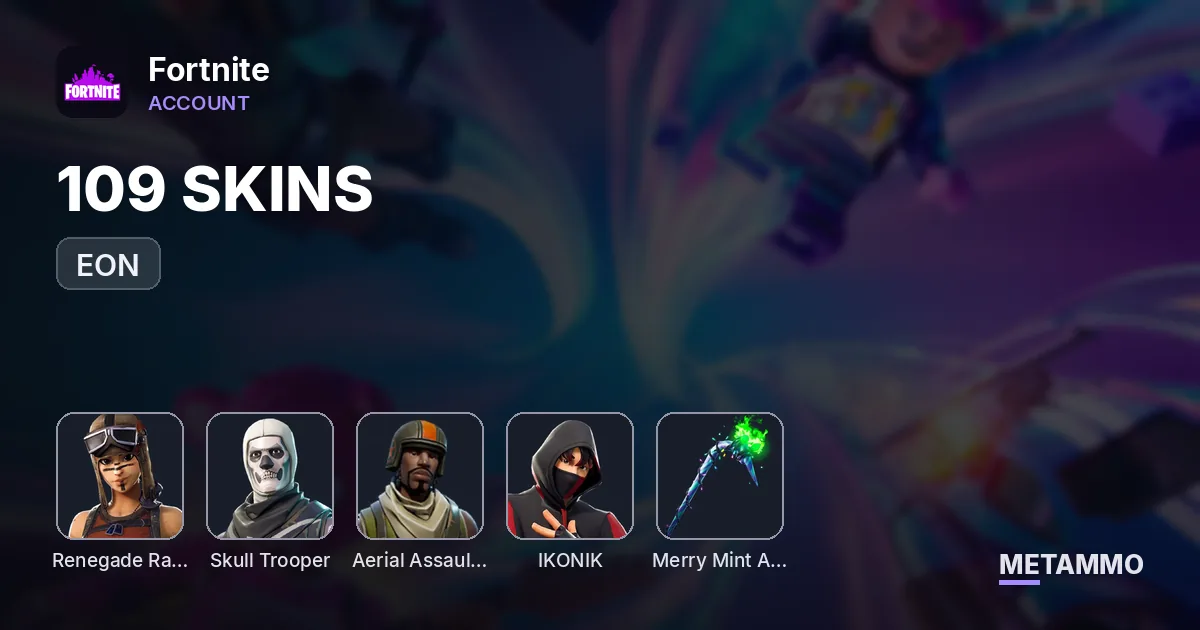 109 SKINS + OG RENEGADE RAIDER + OG SKULL TROOPER + OG AERIAL ASSAULT TROOPER + IKONIK + EON + MERRY MINT AXE - Fortnite account summary