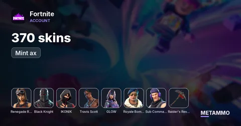 370 skins + Renegade + Black Knight + Ikonik + Travis Scott + Glow + Royal Bomber + Twitch prime + Raiders Revenge + Mint ax