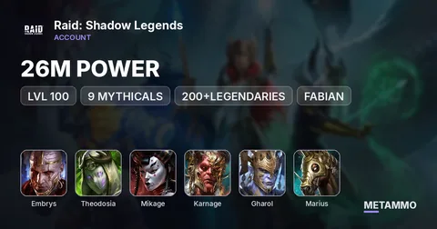 26M POWER | LVL 100 | 9 MYTHICALS | 200+LEGENDARIES | EMBRYS | THEODOSIA | MIKAGE | KARNAGE | GHAROL | MARIUS | FABIAN