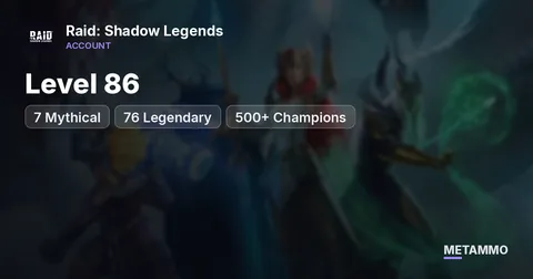 Level 86 | 7 Mythical | 76 Legendary | 500+ Champions - Raid: Shadow Legends account summary