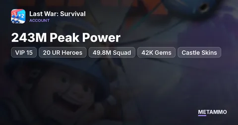 243M Peak Power | VIP 15 | 20 UR Heroes | 49.8M Squad | 42K Gems | Castle Skins