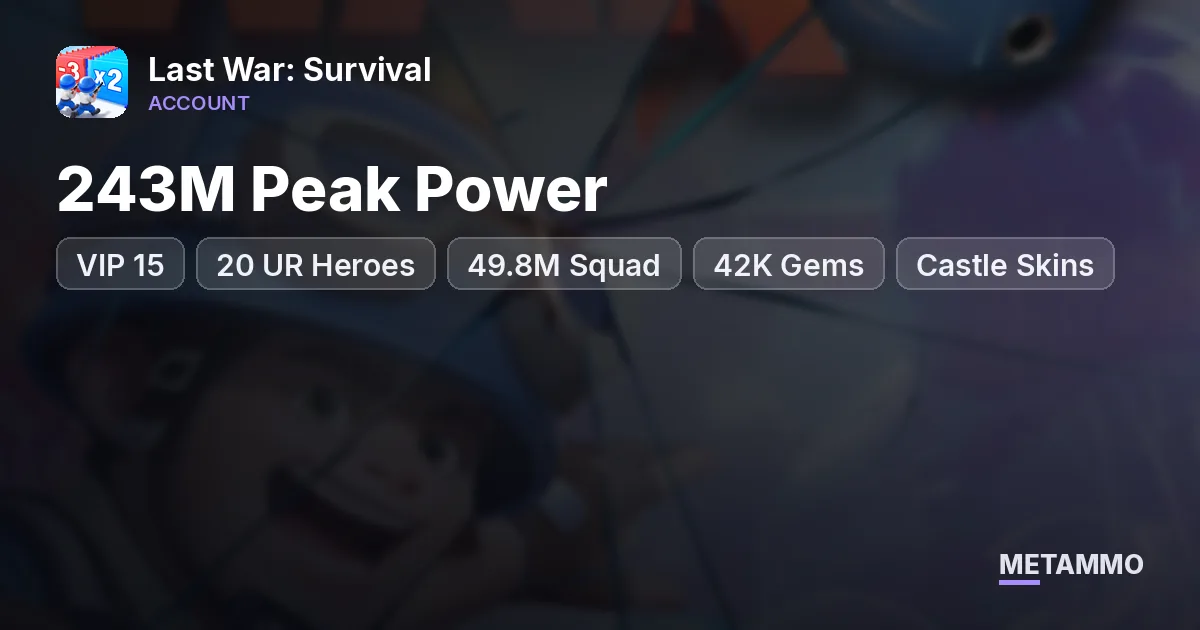 243M Peak Power | VIP 15 | 20 UR Heroes | 49.8M Squad | 42K Gems | Castle Skins - Last War: Survival account summary