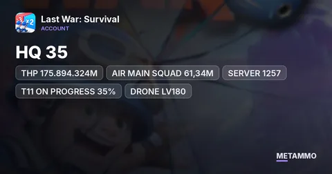 HQ 35 | THP 175.894.324M | AIR MAIN SQUAD 61,34M | SERVER 1257 | T11 ON PROGRESS 35% | DRONE LV180 | GORILLA LV50