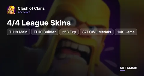 TH18 Main + TH10 Builder | 253 Exp | 4/4 League Skins | 871 CWL Medals | 10K Gems