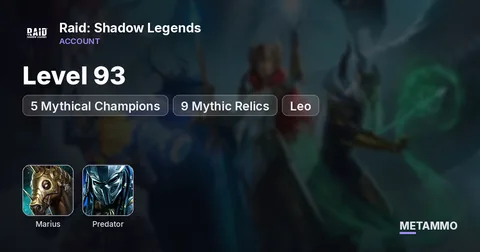 Level 93 | 5 Mythical Champions | 9 Mythic Relics | Marius, Predator, Leo