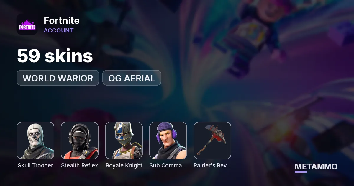 59 skins + OG SKULL TROOPER + STEALTH REFLEX + ROYALE KNIGHT + WORLD WARIOR + TWITCH PRIMES + OG RAIDERS REVENGE + OG AERIAL - Fortnite account summary