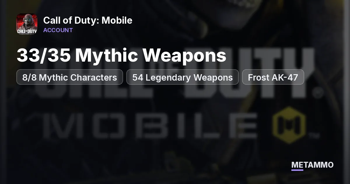 33/35 Mythic Weapons | 8/8 Mythic Characters | 54 Legendary Weapons | Full Legendary Vehicles | Frost AK-47 - Call of Duty: Mobile account summary