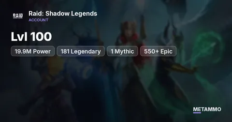 Lvl 100 | 19.9M Power | 181 Legendary + 1 Mythic | 550+ Epic - Raid: Shadow Legends account summary