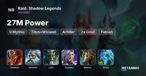 27M Power | 9 Mythic | TEKTEON, Titus+Wixwell, Odin, Yumeko, Marius, Rotos, Arbiter, 2x Gnut, Fabian | 220+ Legendaries