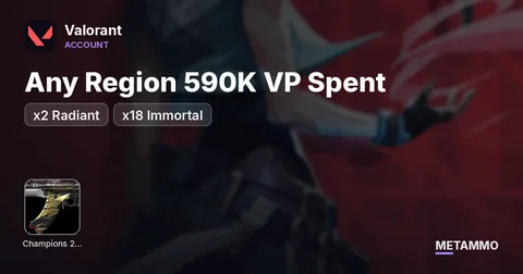 Any Region 590K VP Spent – x2 Radiant, x18 Immortal, VCT 2021 Spark Buddy Every single limited skin: Champs 2021-2025