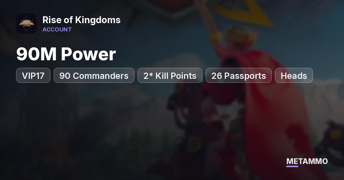 90M Power | VIP17 | 90 Commanders | 2* Kill Points | 26 Passports | Heads | 33 Skin Houses | 2 Farms - Rise of Kingdoms account summary