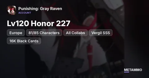 EU Lv120 Honor 227 | 81/85 Characters | All Collabs (Vergil SSS, BRS, NieR, Kurumi) | 16K Black Cards