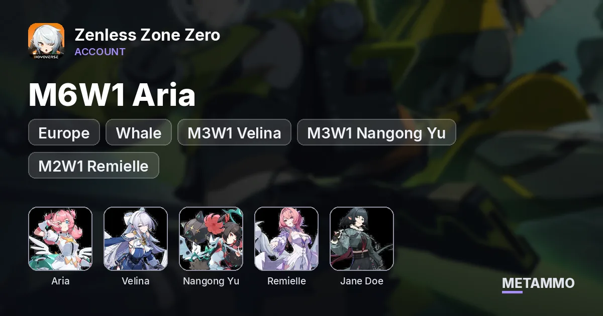 EU Whale | M6W1 Aria | M3W1 Velina | M3W1 Nangong Yu | M2W1 Remielle | M1W1 Jane Doe | 29/90 Pity Guaranteed - Zenless Zone Zero account summary
