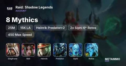 25M | 8 Mythics | 15K LA | Siegfrund, Nell, Heinrik Predator+2 | 2x Siphi 6* Rotos | 450 Max Speed