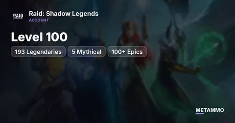 Level 100 | 193 Legendaries | 5 Mythical | 100+ Epics - Raid: Shadow Legends account summary