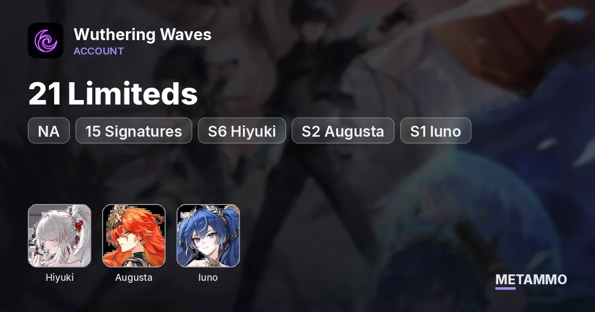 NA 21 Limiteds + 15 Signatures | S6 Hiyuki | S2 Augusta | S1 Iuno | Female Rover - Wuthering Waves account summary