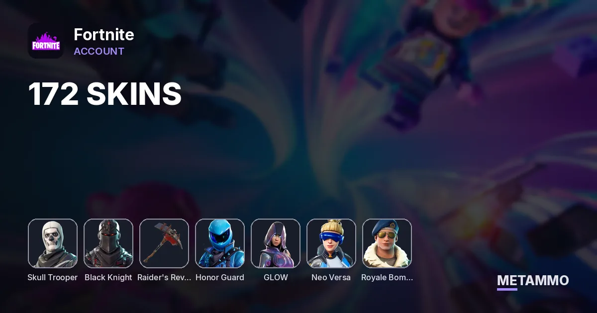 172 SKINS + OG SKULL + BLACK KNIGHT + OG RAIDERS REVENGE + HONOR GUARD +GLOW + NEO VERSA + ROYALE BOMBER - Fortnite account summary