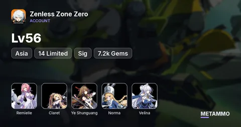 Asia Lv56 | 14 Limited | Remielle + Sig, Claret + Sig, Ye Shunguang + Sig | Norma Velina | 7.2k Gems